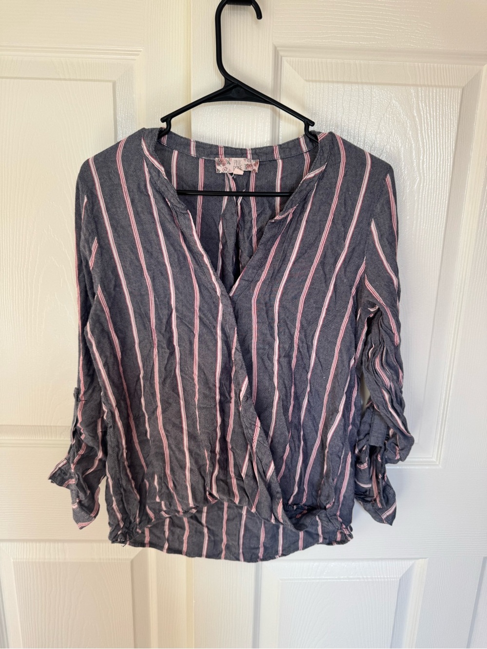 Striped Gray and Red Wrap-Front Women's Top